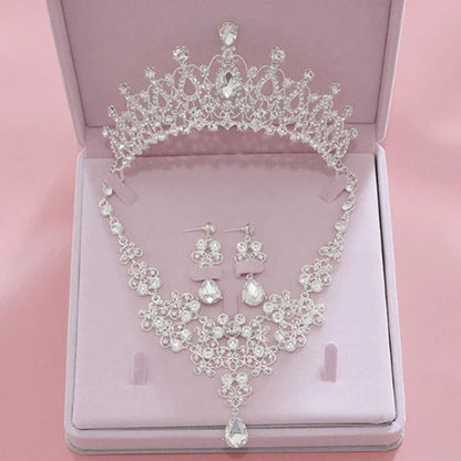 Luxury Crystal Wedding Bridal Jewelry Sets Women/Girl Gold Color Tiara/Crown Earrings Choker Necklace Bride Jewelry Set